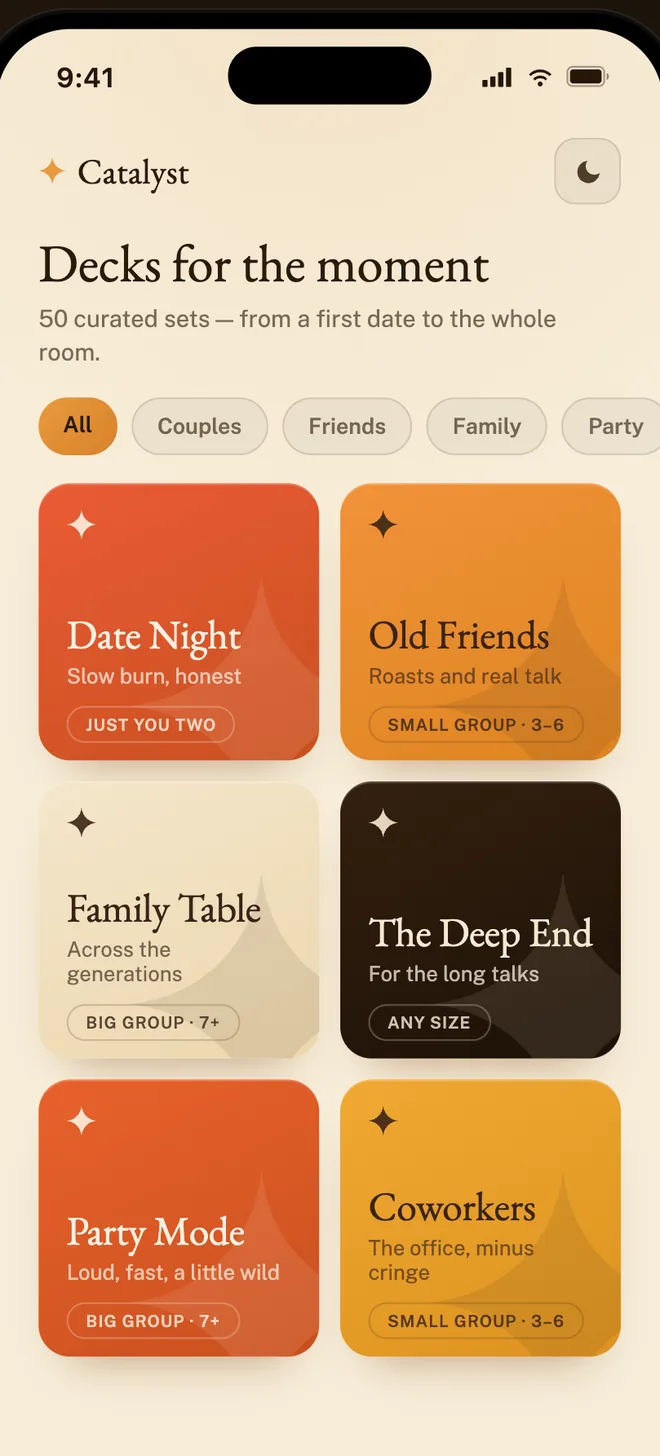 The Catalyst deck browser: fifty curated sets filtered by couples, friends, family and party.